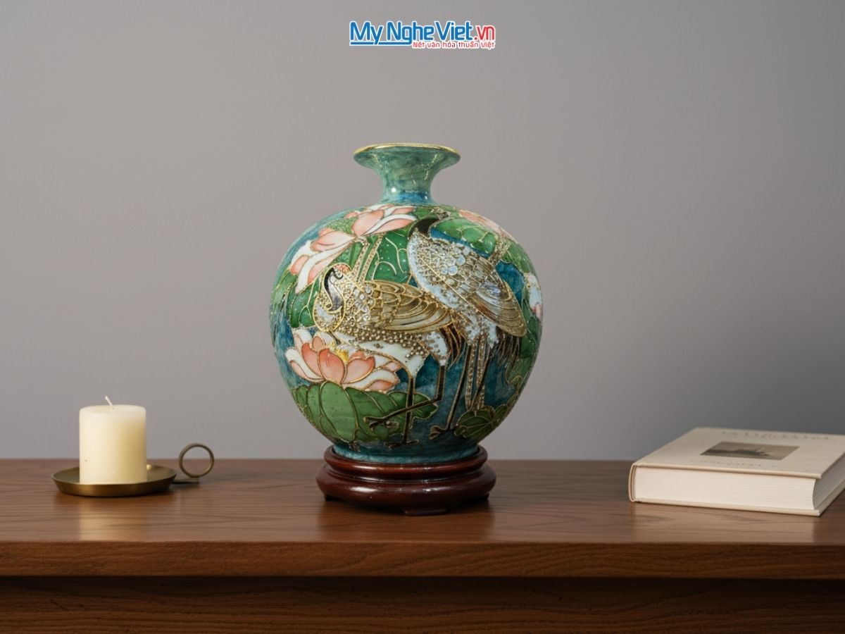 Bình thu tài hút lộc gốm Bát Tràng hàng cao cấp vẽ họa tiết đắp nổi MNV-VBT30-1