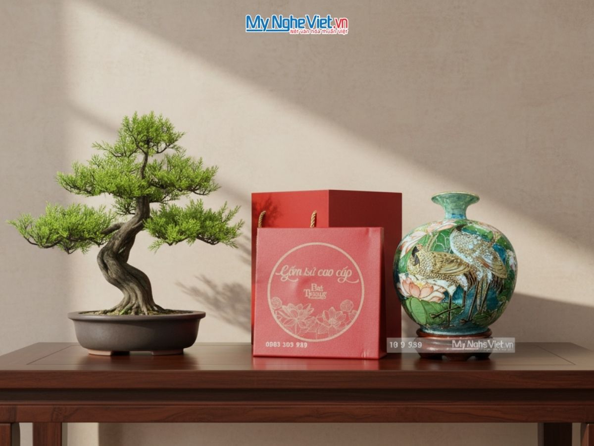 Bình thu tài hút lộc gốm Bát Tràng hàng cao cấp vẽ họa tiết đắp nổi MNV-VBT30-1