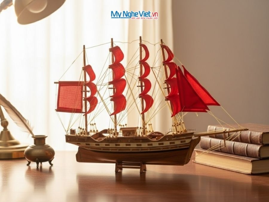 Tàu thuyền mô hình France 2 thân 40cm buồm đỏ MNV-TB026-3