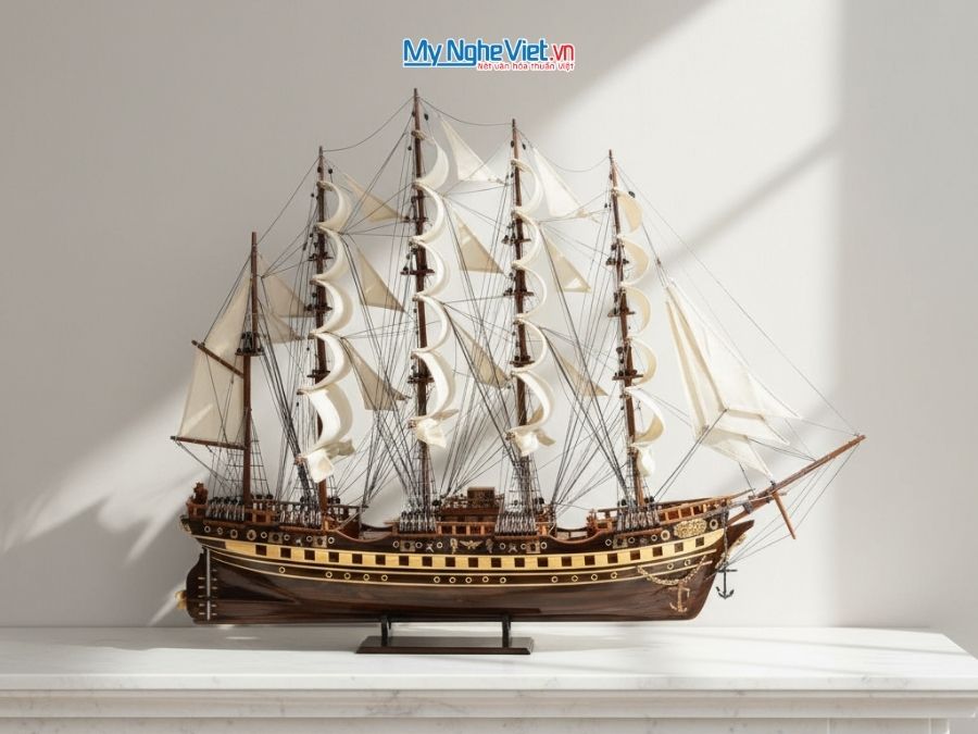 Mô hình thuyền buồm phong thủy France II gỗ đen (thân 80cm) MNV-TB02/1