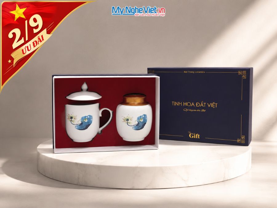 Set Quà Tặng Đối Tác/Khách Hàng - Hũ Trà Và Ly Sứ Gốm Hoa Sen CBG002.6