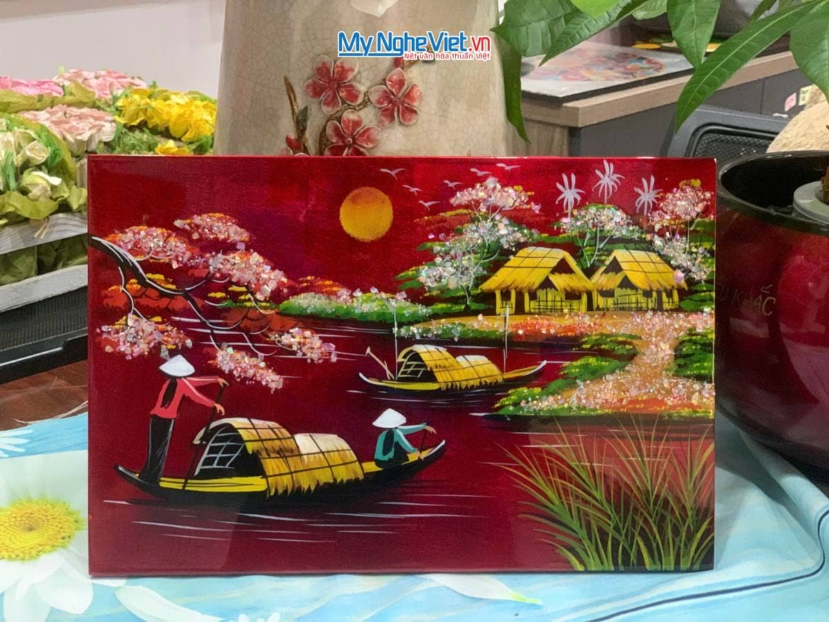 Tranh Sơn Mài Đồng Quê nền đỏ TSM235-1