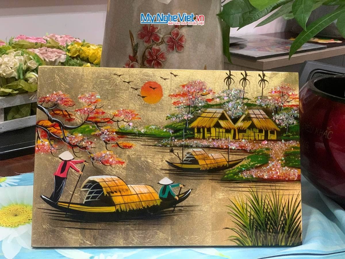Tranh Sơn Mài Đồng Quê nền vàng TSM235-1.3