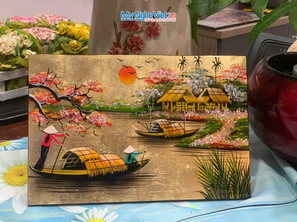Tranh Sơn Mài Đồng Quê nền vàng TSM235-1.4