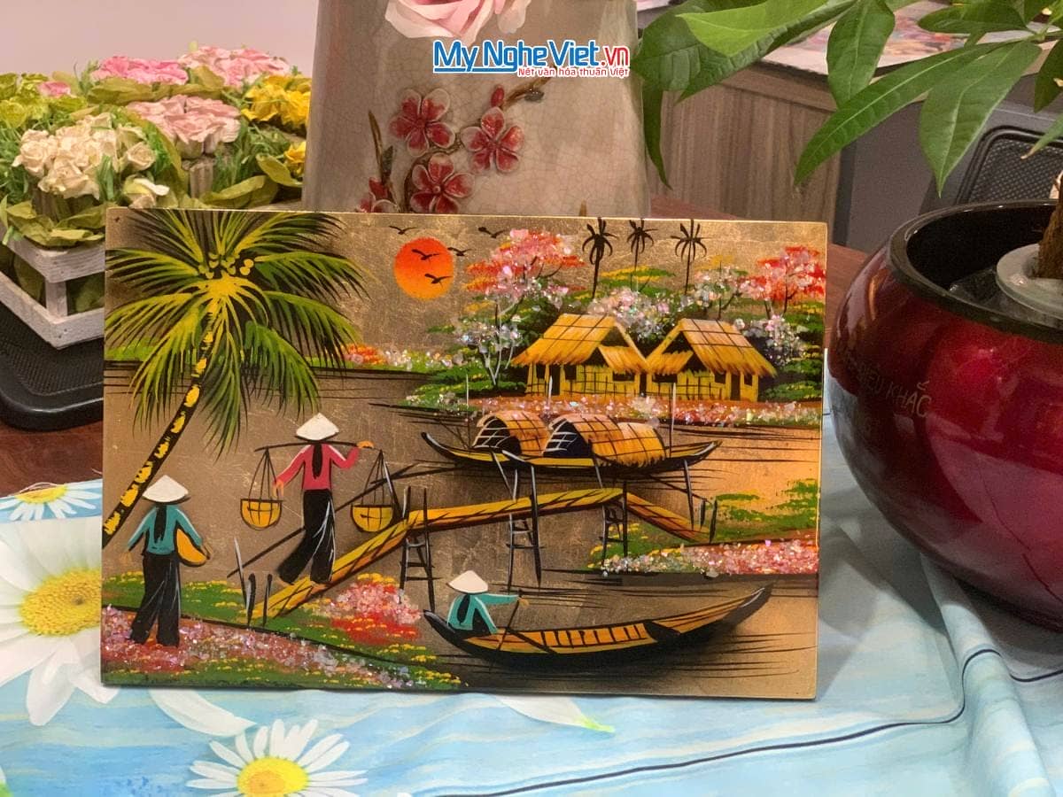Tranh Sơn Mài Đồng Quê nền vàng TSM235-1.5