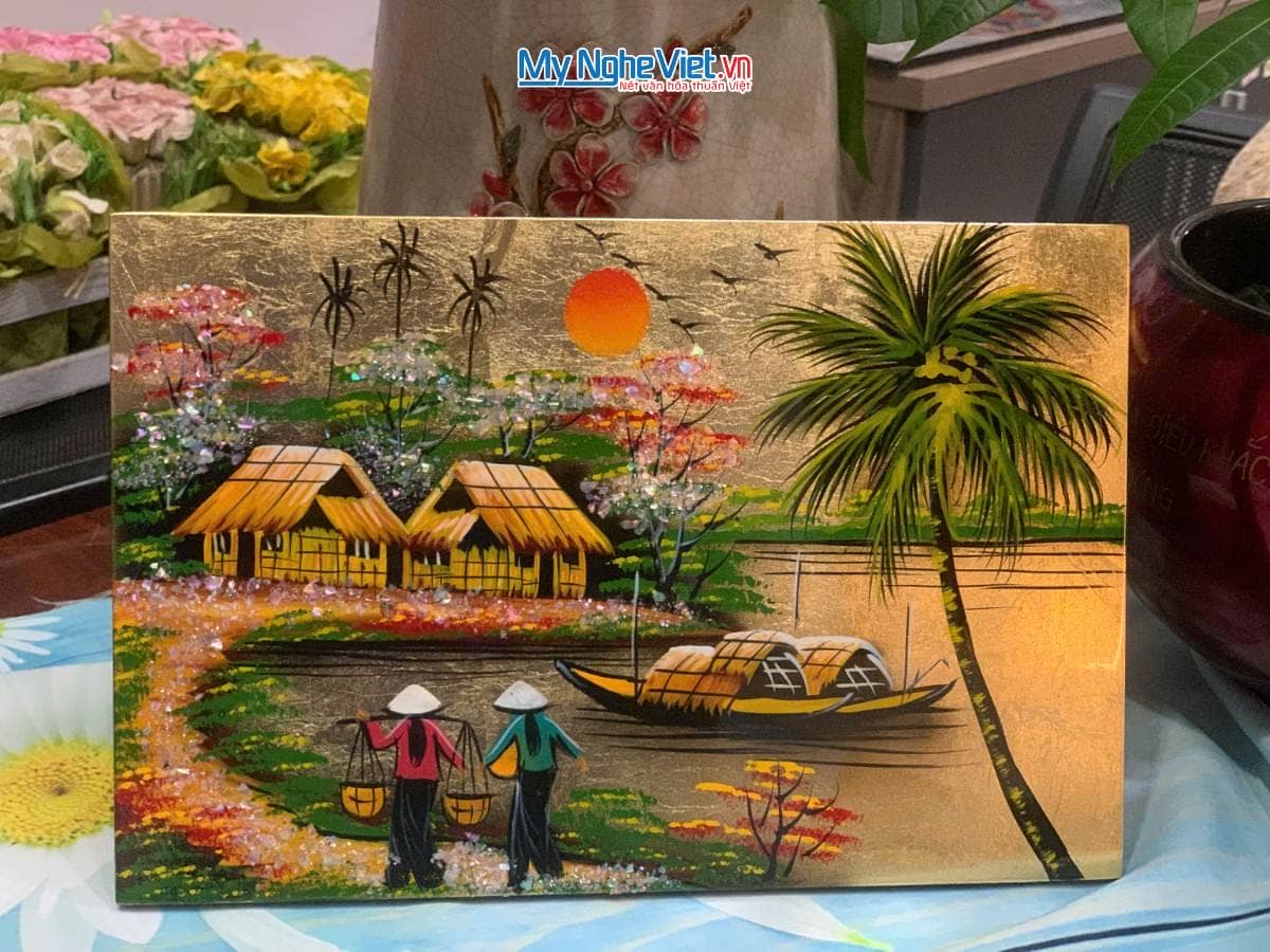Tranh Sơn Mài Đồng Quê nền vàng TSM235-1.7