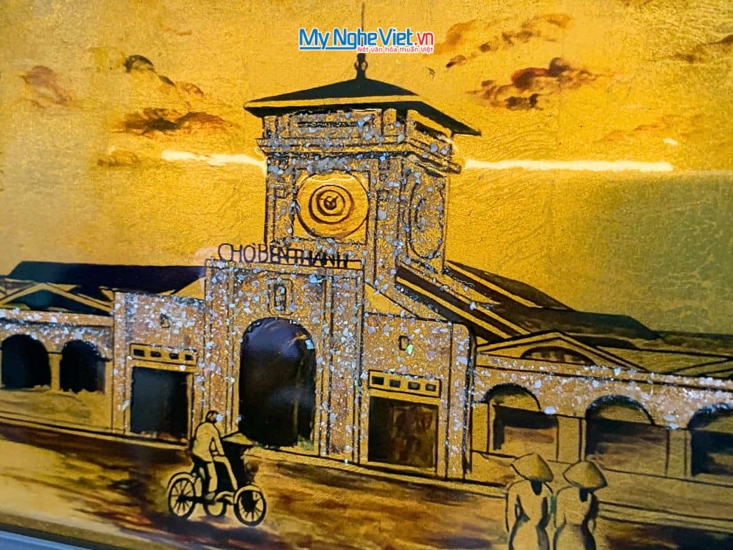 Tranh Sơn Mài Chợ Bến Thành Dát Vàng 25x35cm tsm2535