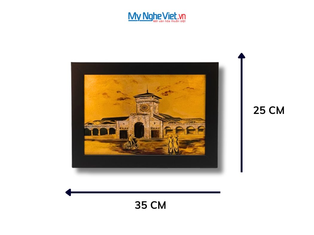 Tranh Sơn Mài Chợ Bến Thành Dát Vàng 25x35cm tsm2535