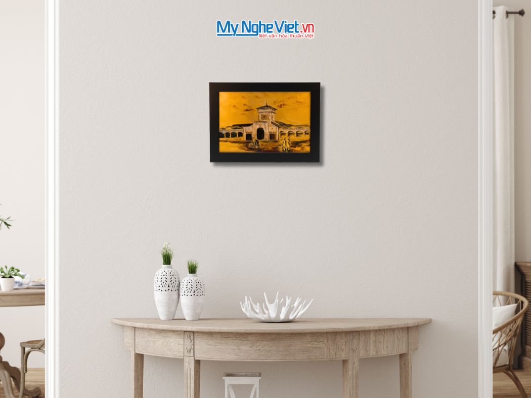 Tranh Sơn Mài Chợ Bến Thành Dát Vàng 25x35cm tsm2535