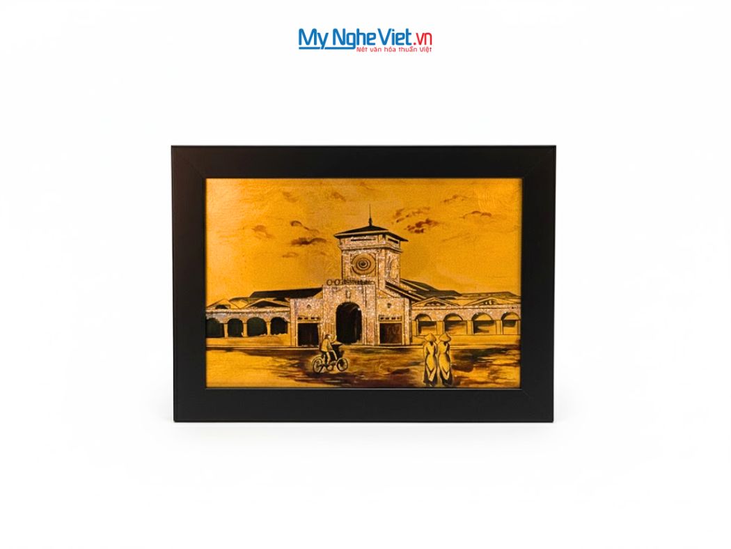 Tranh Sơn Mài Chợ Bến Thành Dát Vàng 25x35cm tsm2535