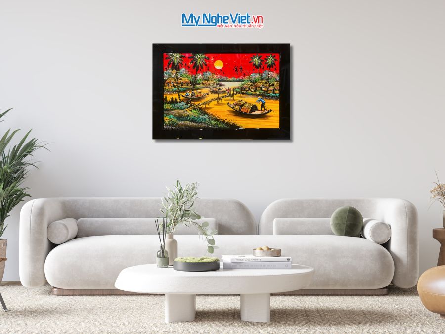 Tranh Sơn Mài Đồng Quê Vẽ Tay Nền Đỏ 50x70cm TSM46KSM-01