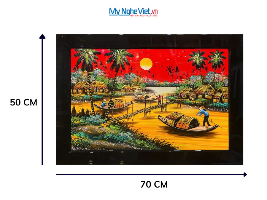 Tranh Sơn Mài Đồng Quê Vẽ Tay Nền Đỏ 50x70cm TSM46KSM-01
