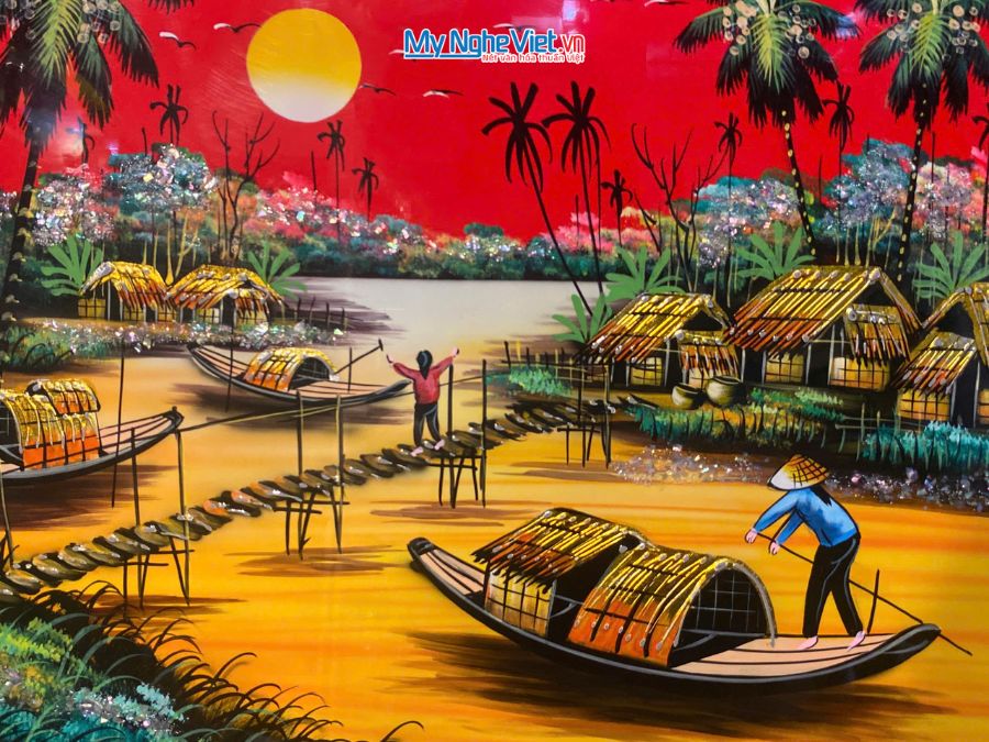 Tranh Sơn Mài Đồng Quê Vẽ Tay Nền Đỏ 50x70cm TSM46KSM-01