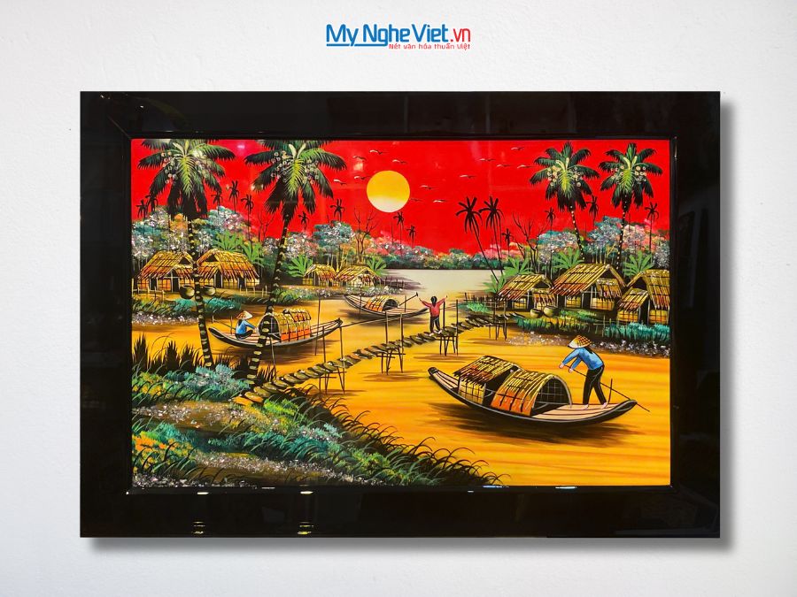 Tranh Sơn Mài Đồng Quê Vẽ Tay Nền Đỏ 50x70cm TSM46KSM-01