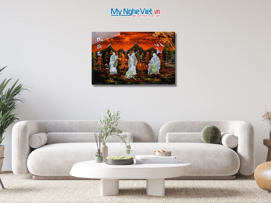Tranh Sơn Mài Phúc Lộc Thọ Cẩn Ốc Nổi Nền Ấm 50x80cm TSM587-1