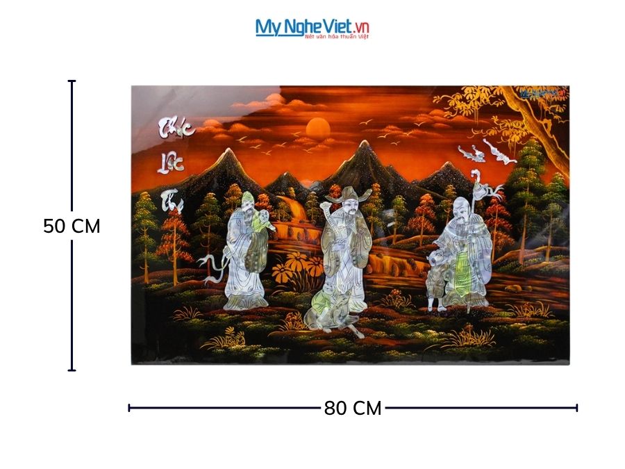 Tranh Sơn Mài Phúc Lộc Thọ Cẩn Ốc Nổi Nền Ấm 50x80cm TSM587-1