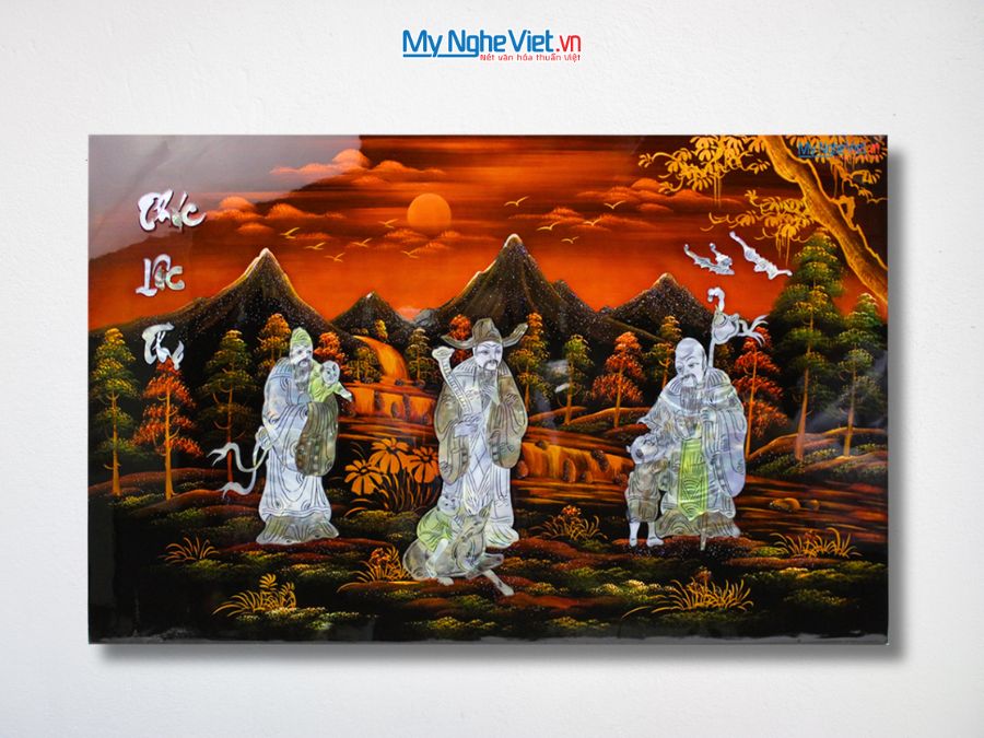 Tranh Sơn Mài Phúc Lộc Thọ Cẩn Ốc Nổi Nền Ấm 50x80cm TSM587-1