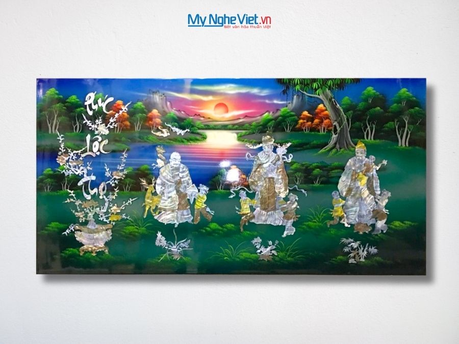 Tranh Sơn Mài Phúc Lộc Thọ Cẩn Ốc Nền Xanh 60x120cm TSM6127