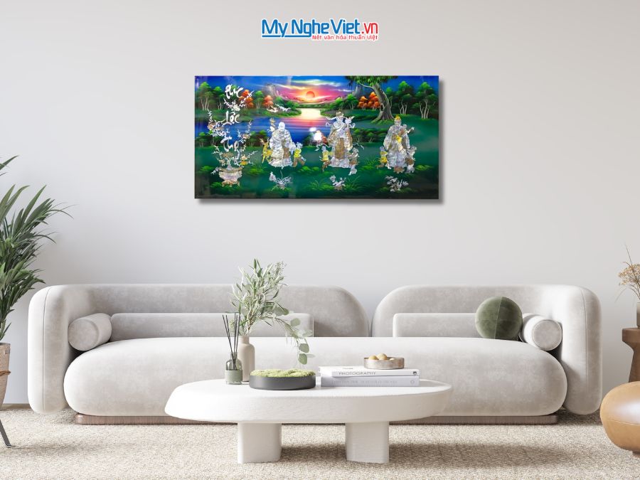 Tranh Sơn Mài Phúc Lộc Thọ Cẩn Ốc Nền Xanh 60x120cm TSM6127