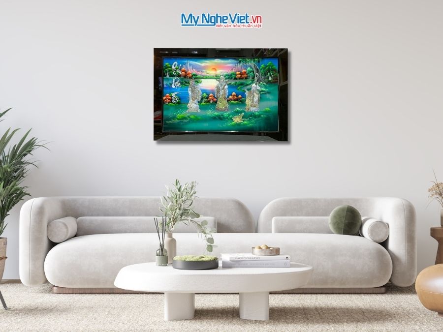 Tranh Sơn Mài Phúc Lộc Thọ Cẩn Ốc Nổi Nền Xanh 50x80cm TSM697