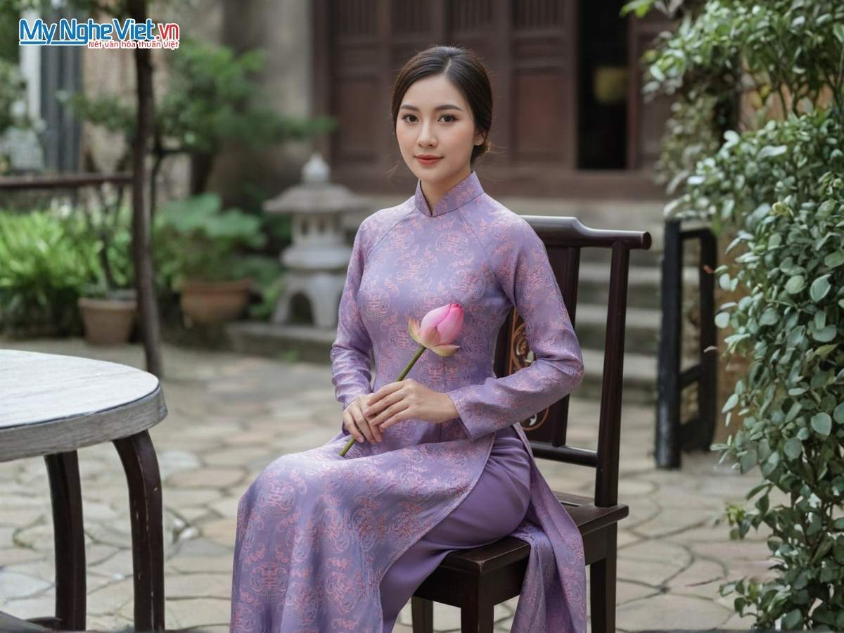 Áo Dài Lụa Tơ Tằm Họa Tiết Thọ Dơi Kèm Quần ADLNX01