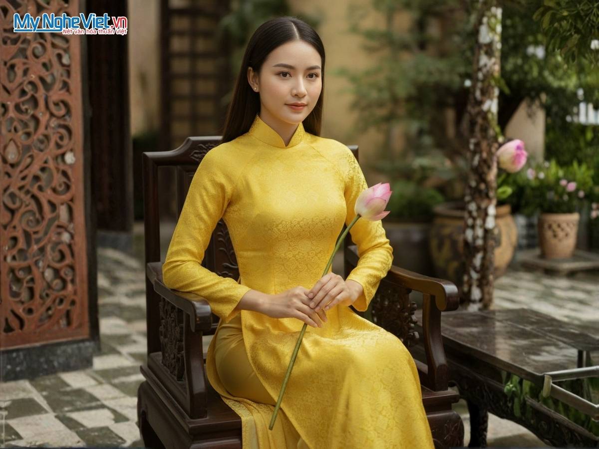 Áo Dài Lụa Tơ Tằm Họa Tiết Song Hỷ Kèm Quần MNV-AD003
