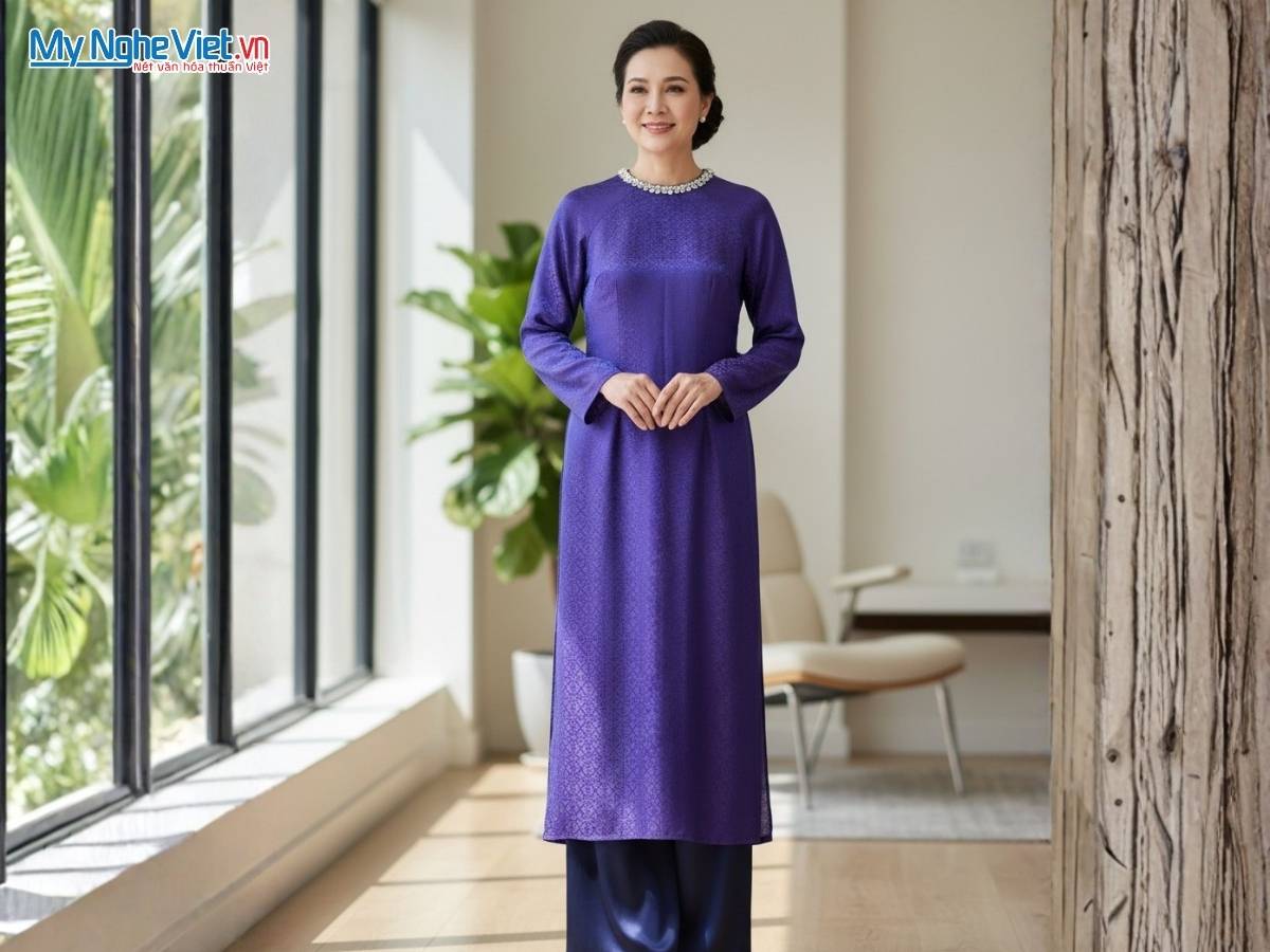 Áo Dài Lụa Tơ Tằm Họa Tiết Hoa Thị Kèm Quần ADMS01/1