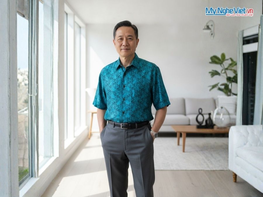 Áo Sơ Mi Nam Lụa Tơ Tằm Họa Tiết Đuôi Công MNV-LLS01