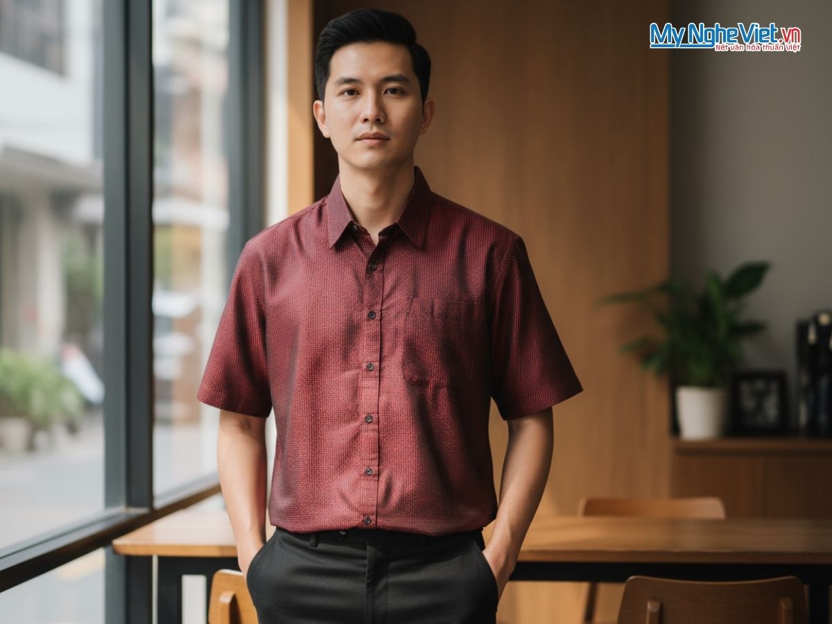 Áo Sơ Mi Nam Lụa Tơ Tằm Họa Tiết Chấm Bi LLS01-1