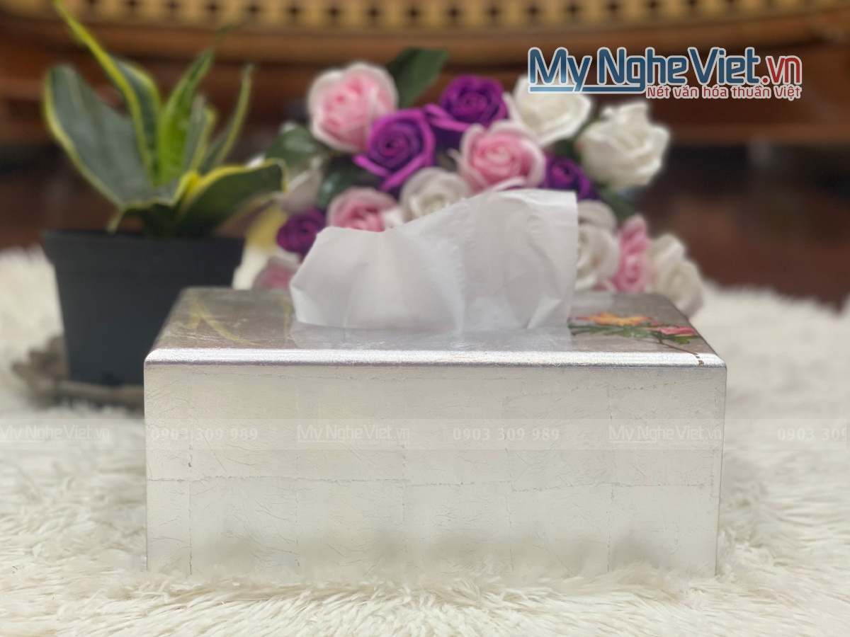 Hộp khăn giấy chữ nhật hoa lan dát bạc - có nam châm  MNV-HKGTB04-2