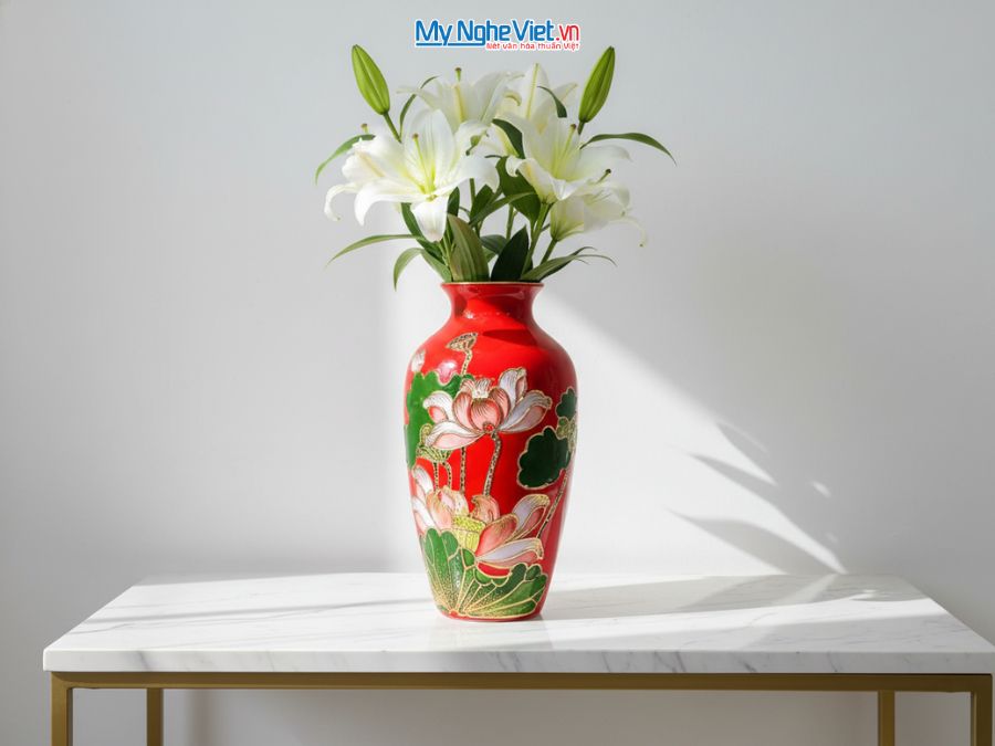 Bình Hoa Gốm Bát Tràng Hoa Sen Đắp Nổi Cao Cấp H30cm LHGML01-4