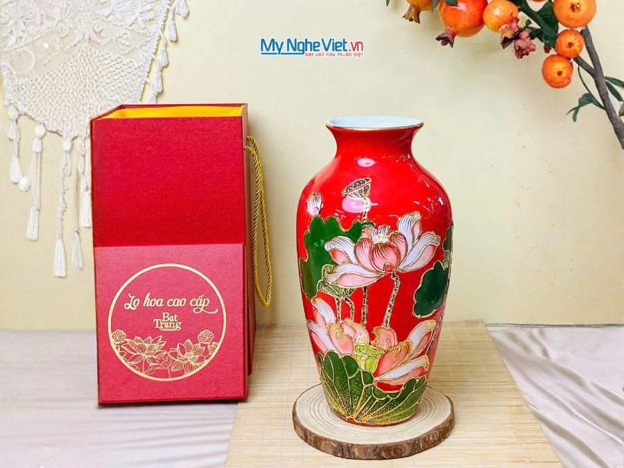 Bình Hoa Gốm Bát Tràng Hoa Sen Đắp Nổi Cao Cấp H30cm LHGML01-4