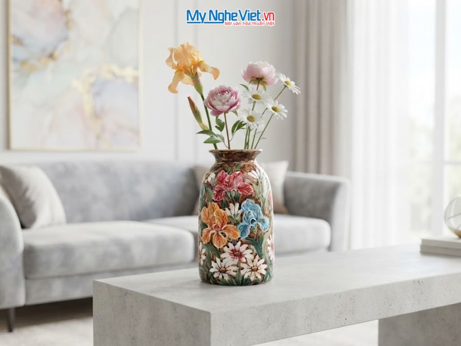 Bình Hoa Gốm Bát Tràng Vẽ Hoa Diên Vĩ H25cm LHGH004.8