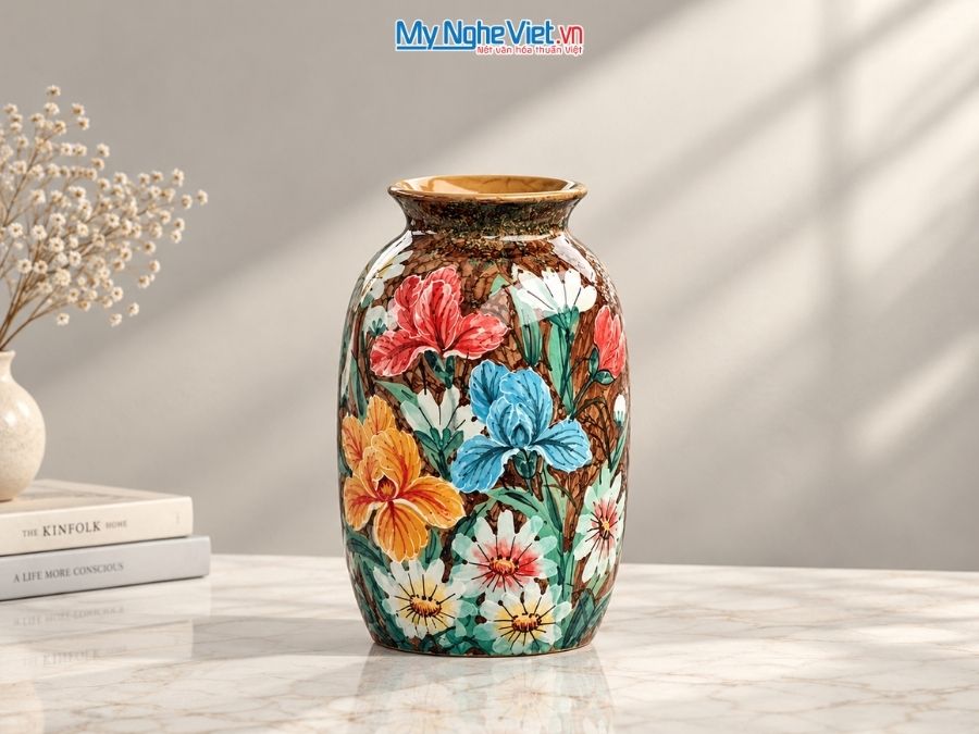 Bình Hoa Gốm Bát Tràng Vẽ Hoa Diên Vĩ H22cm LHGH004.9