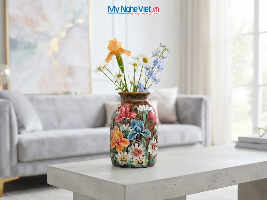 Bình Hoa Gốm Bát Tràng Vẽ Hoa Diên Vĩ H22cm LHGH004.9