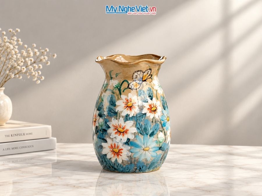 Bình Hoa Gốm Bát Tràng Vẽ Hoa Cúc H19cm LHGH004.10