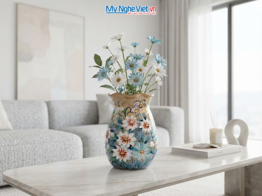 Bình Hoa Gốm Bát Tràng Vẽ Hoa Cúc H19cm LHGH004.10
