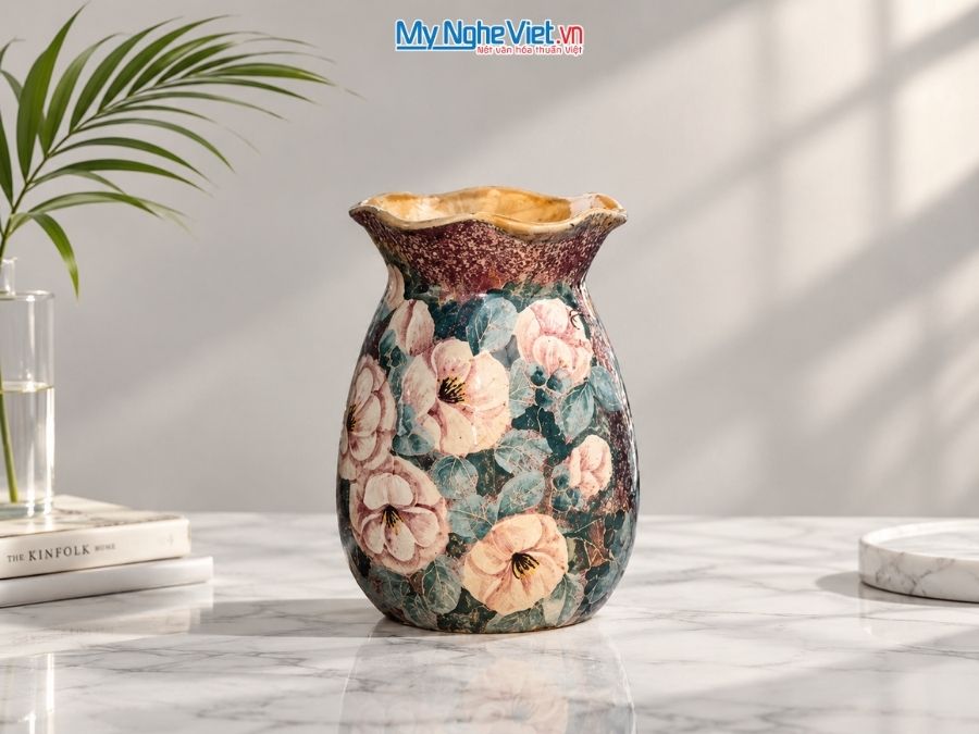 Bình Hoa Gốm Bát Tràng Vẽ Hoa Hồng H19cm LHGH004.11