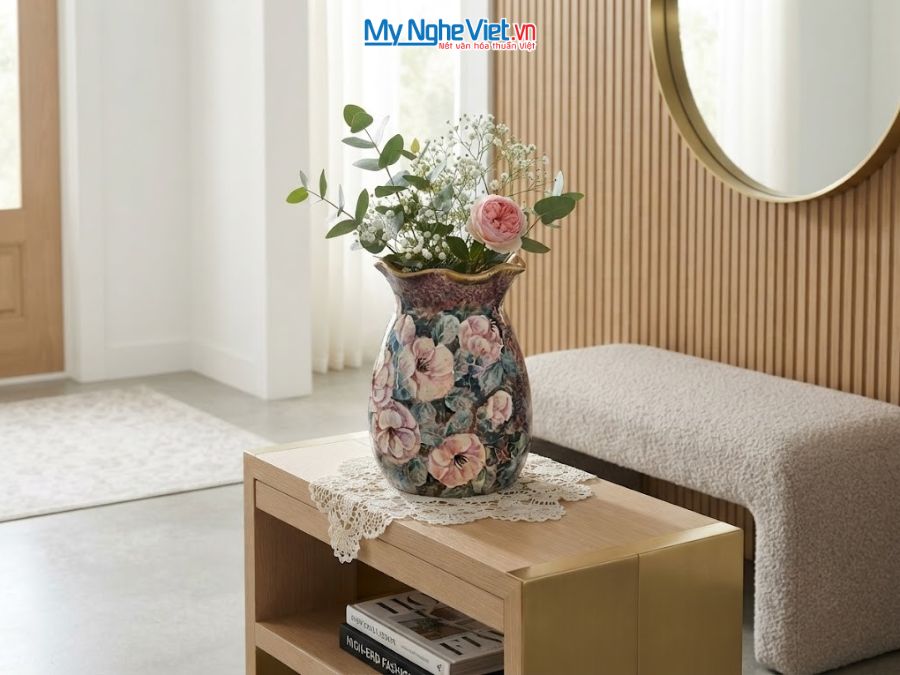 Bình Hoa Gốm Bát Tràng Vẽ Hoa Hồng H19cm LHGH004.11