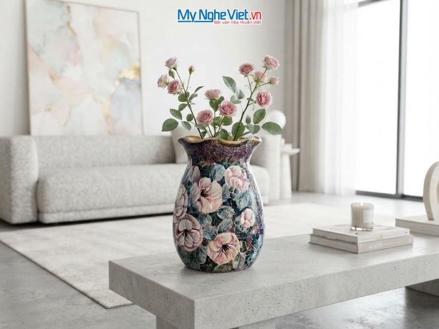 Bình Hoa Gốm Bát Tràng Vẽ Hoa Hồng H19cm LHGH004.11