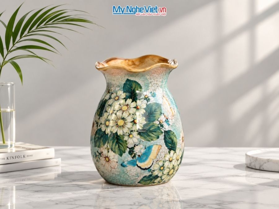 Bình Hoa Gốm Bát Tràng Vẽ Hoa Mai Trắng H20cm LHGH004.12