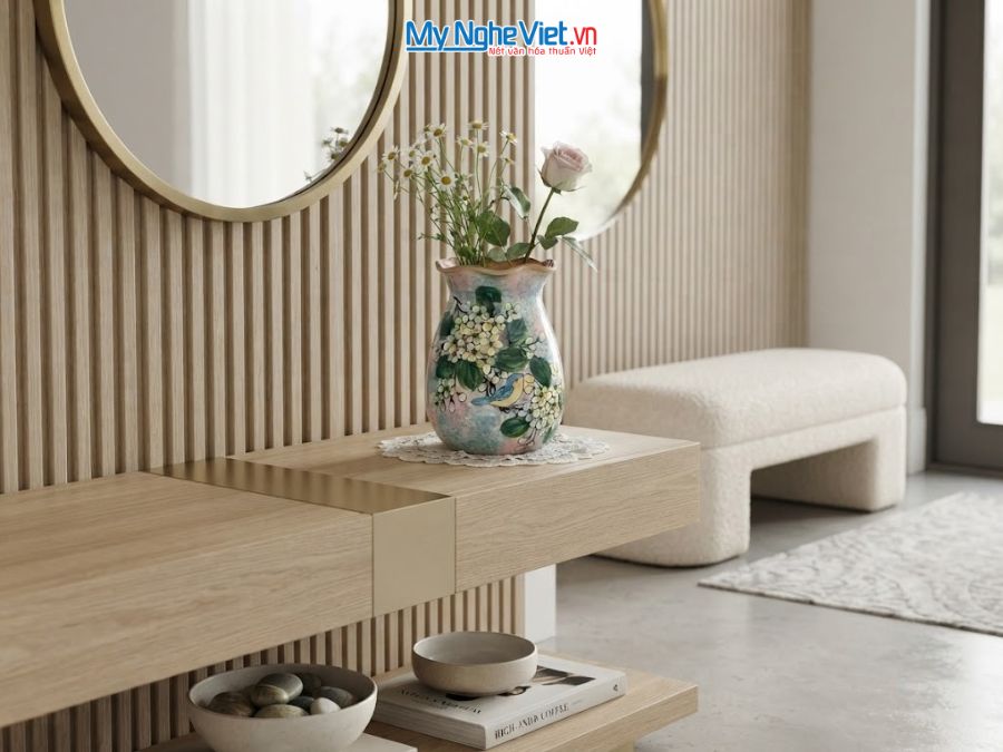 Bình Hoa Gốm Bát Tràng Vẽ Hoa Mai Trắng H20cm LHGH004.12
