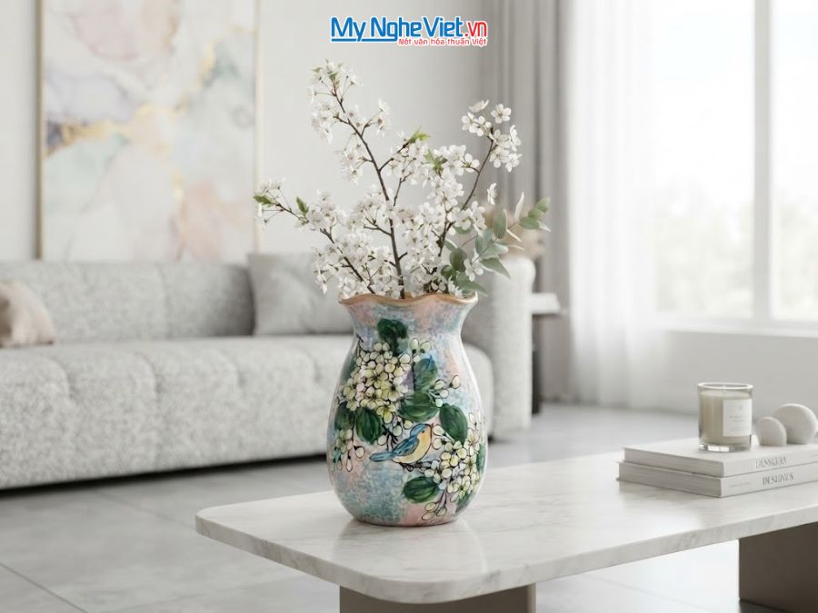 Bình Hoa Gốm Bát Tràng Vẽ Hoa Mai Trắng H20cm LHGH004.12