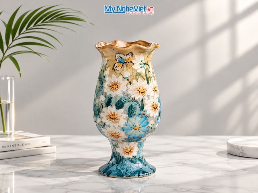 Bình Hoa Gốm Bát Tràng Vẽ Hoa Cúc H25cm LHGH004.14