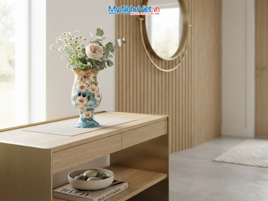 Bình Hoa Gốm Bát Tràng Vẽ Hoa Cúc H25cm LHGH004.14