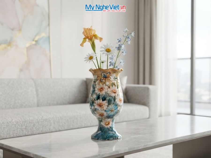 Bình Hoa Gốm Bát Tràng Vẽ Hoa Cúc H25cm LHGH004.14