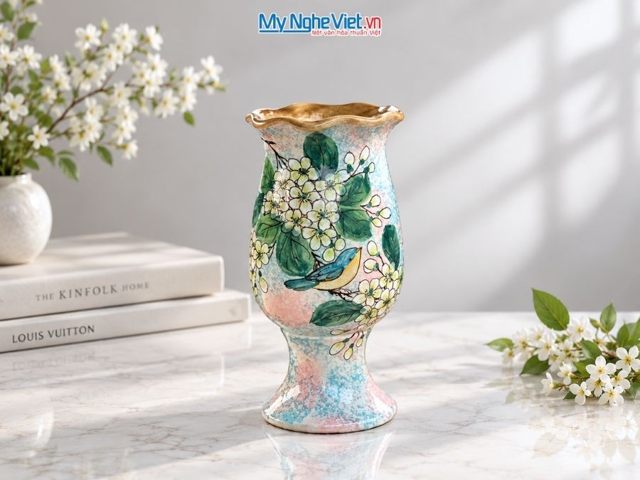 Bình Hoa Gốm Bát Tràng Vẽ Hoa Mai Trắng H25cm LHGH004.15
