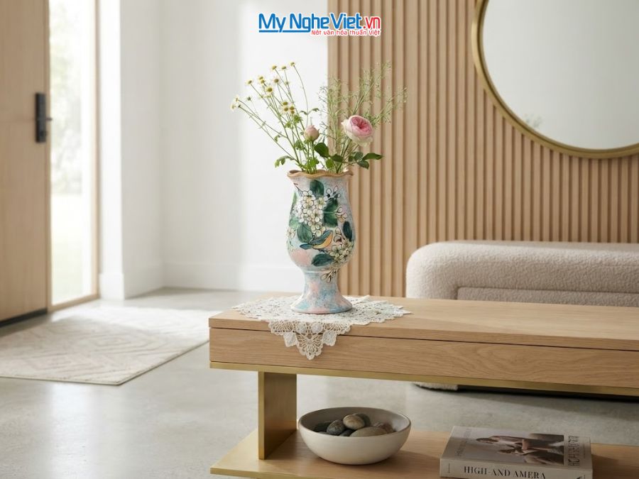 Bình Hoa Gốm Bát Tràng Vẽ Hoa Mai Trắng H25cm LHGH004.15