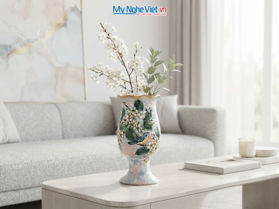 Bình Hoa Gốm Bát Tràng Vẽ Hoa Mai Trắng H25cm LHGH004.15