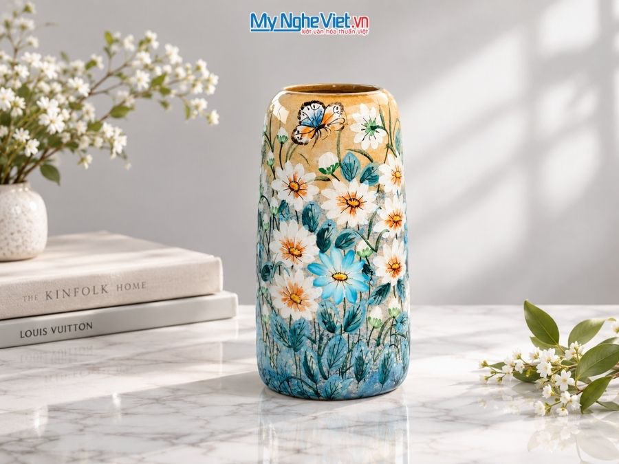 Bình Hoa Gốm Bát Tràng Vẽ Hoa Cúc H27cm LHGH004.16